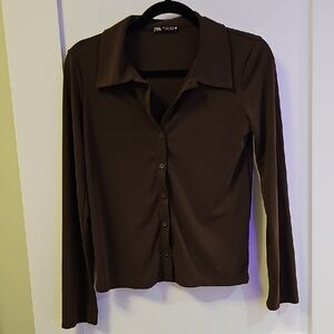 Zara Brown Fitted Long Sleeve Button Down Shirt Size S